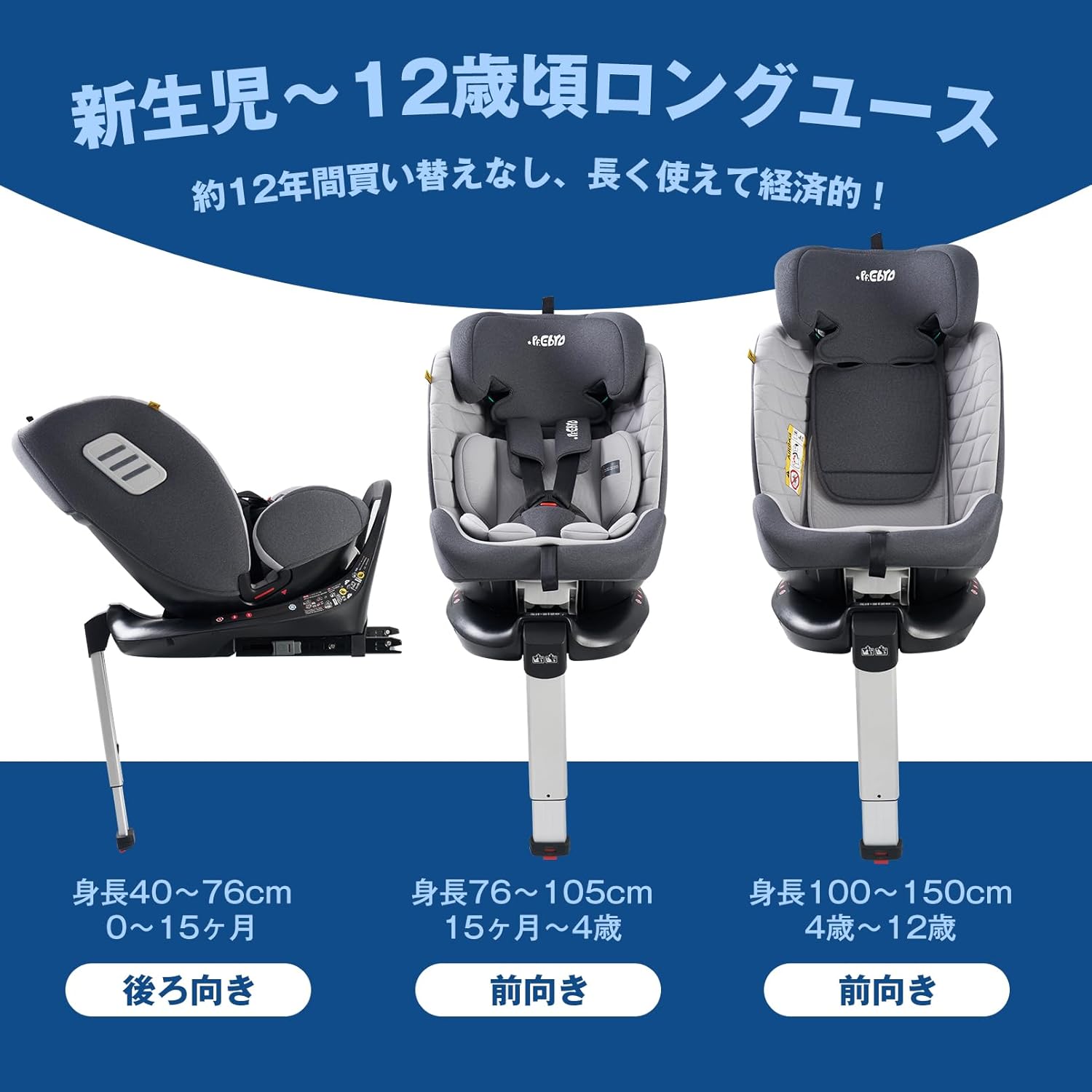 チャイルドシート 新生児～12歳頃まで 360°回転式 ISOFIX固定 R129適合 i-Sizeサポートレッグ リクライニング 取付簡単 ロングユース サンキャノピー付き 洗えるカバー