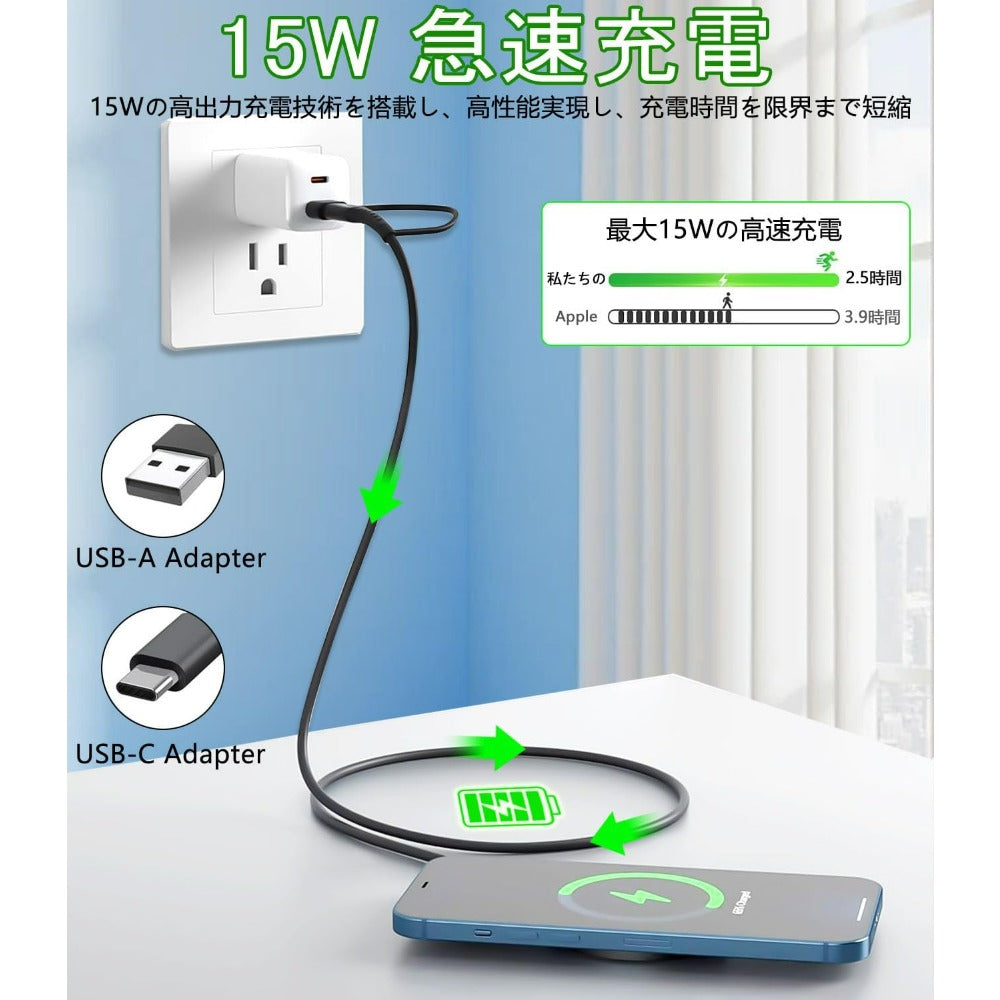 ワイヤレス充電器 マグネット式 Phone17/16/15/14/13/12シリーズに対応 マグセーフ 急速 超薄型 無線充電器 超軽量 15W急速 強力吸着 置くだけ充電 デュアルUSB-A/C入力ポート 1m付き ブラック