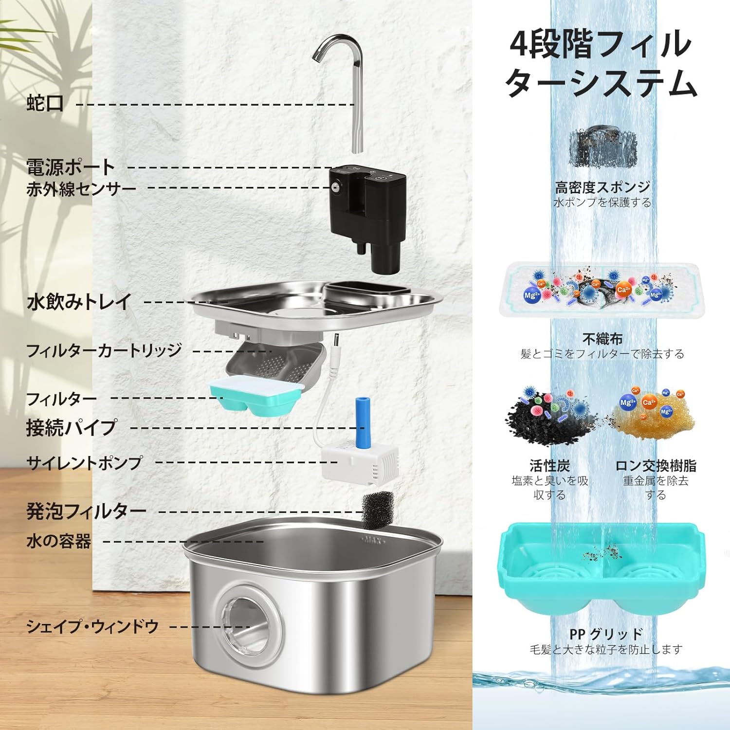 【A】3.2L 猫自動給水器 猫水飲み器コードレス ペット水飲み器 ステンレス製 ワイヤレス, 3つの給水モード / モーションセンサー/充電式 4000mAhバッテリー / 静音 ワイヤレスポンプ/四重ろ過システム ペット用