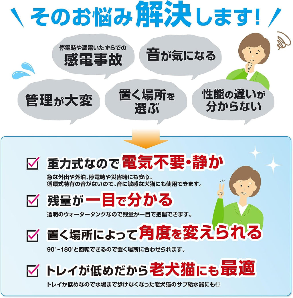 【一般社団法人愛玩動物健康管理協会代表理事監修】2way自動給水給食器 フィルター付き 重力式 自動補水 犬 猫 中型 小型 (本体)