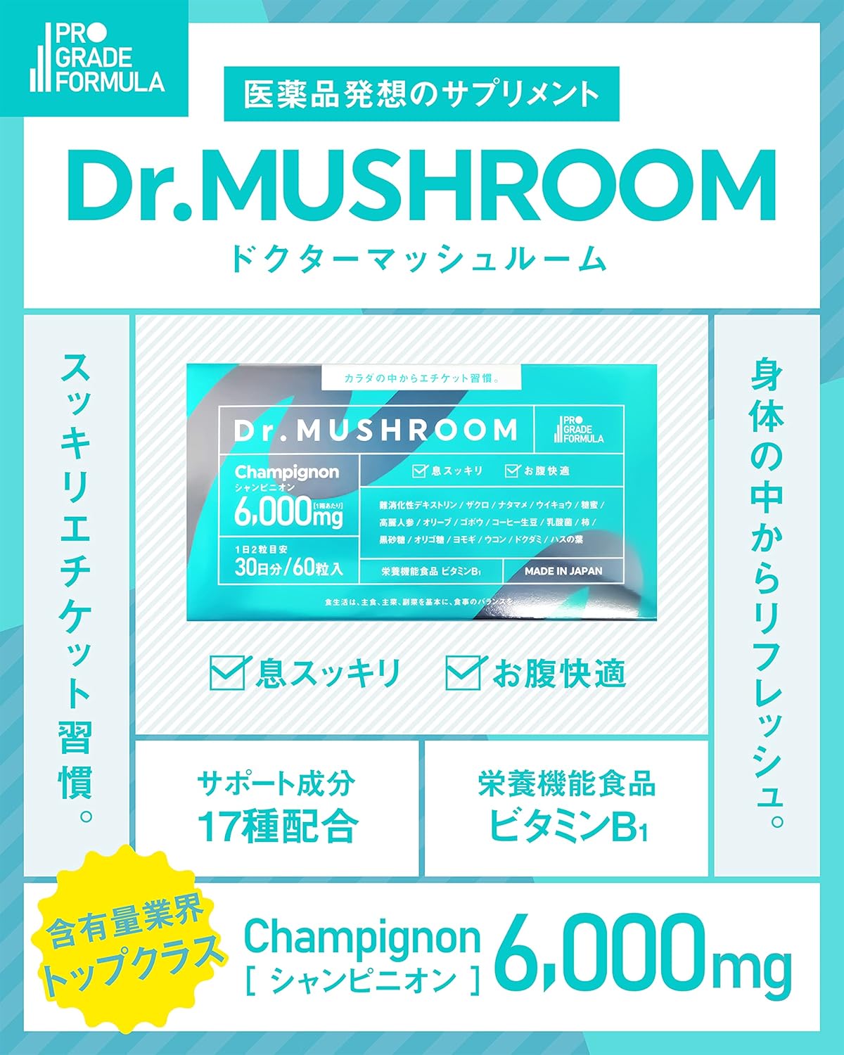 【医薬品発想】Dr.MUSHROOM 150倍濃縮シャンピニオン 業界最高水準（6,000mg/30日）サプリ 口臭ケア エチケット 栄養機能食品 30日分 国産 PRO GRADE FORMULA