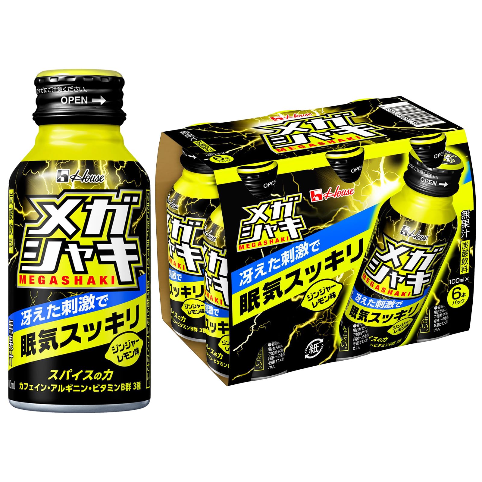 【外箱傷あり】賞味期限2027.01ハウスウェルネスフーズ メガシャキ 100ml×6本(冴えた刺激で眠気スッキリ)ジンジャーレモン味