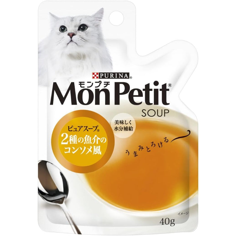 【訳あり】【賞味期限：2028.1】モンプチ ピュアスープ パウチ 成猫用 2種の魚介のコンソメ風 40g×48袋入り (ケース販売) [キャットフード]