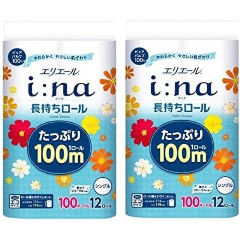 【まとめ買い】エリエール イーナ トイレットティシュー シングル(100m) 華やぐフローラルの香り パルプ100% 12ロール (x 2)