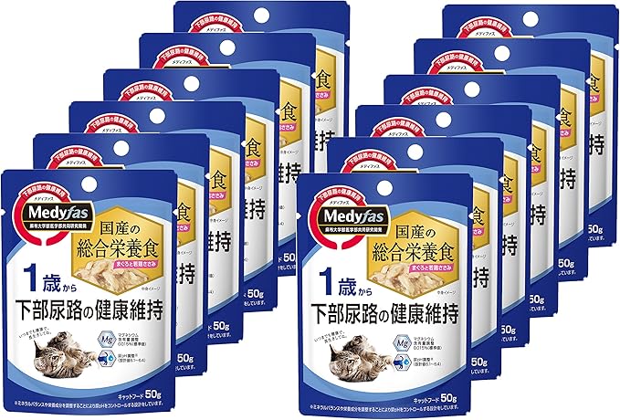 メディファス ウェット キャットフード 1歳から まぐろと若鶏ささみ 【総合栄養食/下部尿路/ｐHコントロール/国産】 50gｘ12 (まとめ買い)