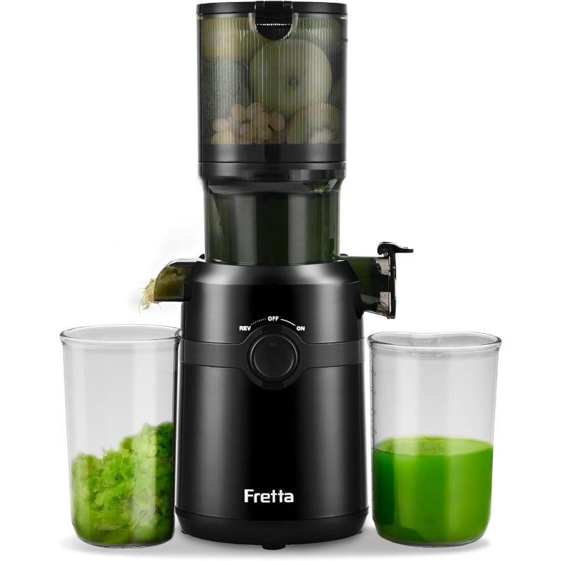 Fretta ジューサー 10.8cm広い投入口 1L大容量 スロージューサー 細かくカット不要 一度投入 取り付け簡単 コールドプレスジューサー 搾りカス分離 BPAフリー 黒