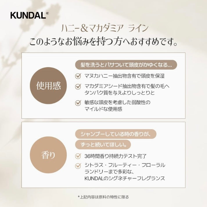 【KUNDAL/クンダル】シャンプー トリートメント セット(各500ml・ボトル) #アンバーバニラ #ハニー＆マカダミア #ネイチャー #弱酸性 #保湿 #香水シャンプー #香水トリートメント