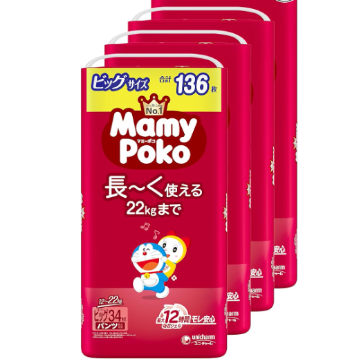 【パンツ ビッグサイズ】マミーポコパンツ ドラえもん オムツ (12~22kg)136枚(34枚×4) [ケース品]