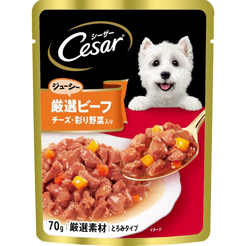 【訳あり】【賞味期限：2027.12.17】シーザー パウチ 成犬用 70gx16袋 ジューシー厳選ビーフ チーズ・彩り野菜入り 厳選素材 水分補給 とろみタイプ ウェットフード ドッグフード 犬 Cesar