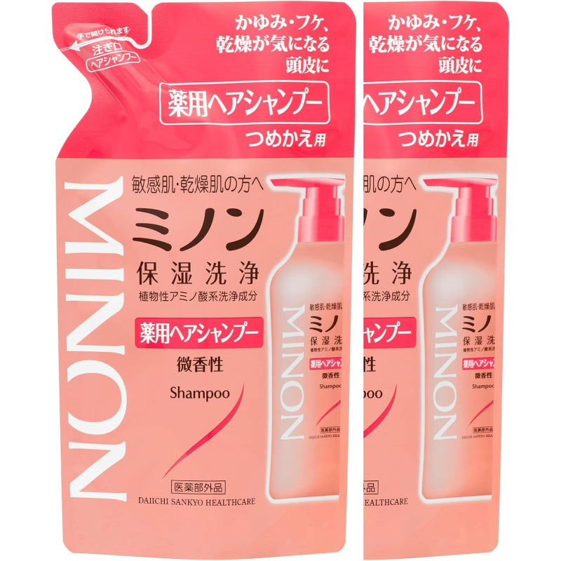 【使用期限：2028.1.31】ミノン 薬用ヘアシャンプー つめかえ用 380mL ×2個セット サンプル付き 【医薬部外品】 ヘアシャンプー 敏感肌 かゆみ フケ 保湿 乾燥対策 弱酸性 低刺激性