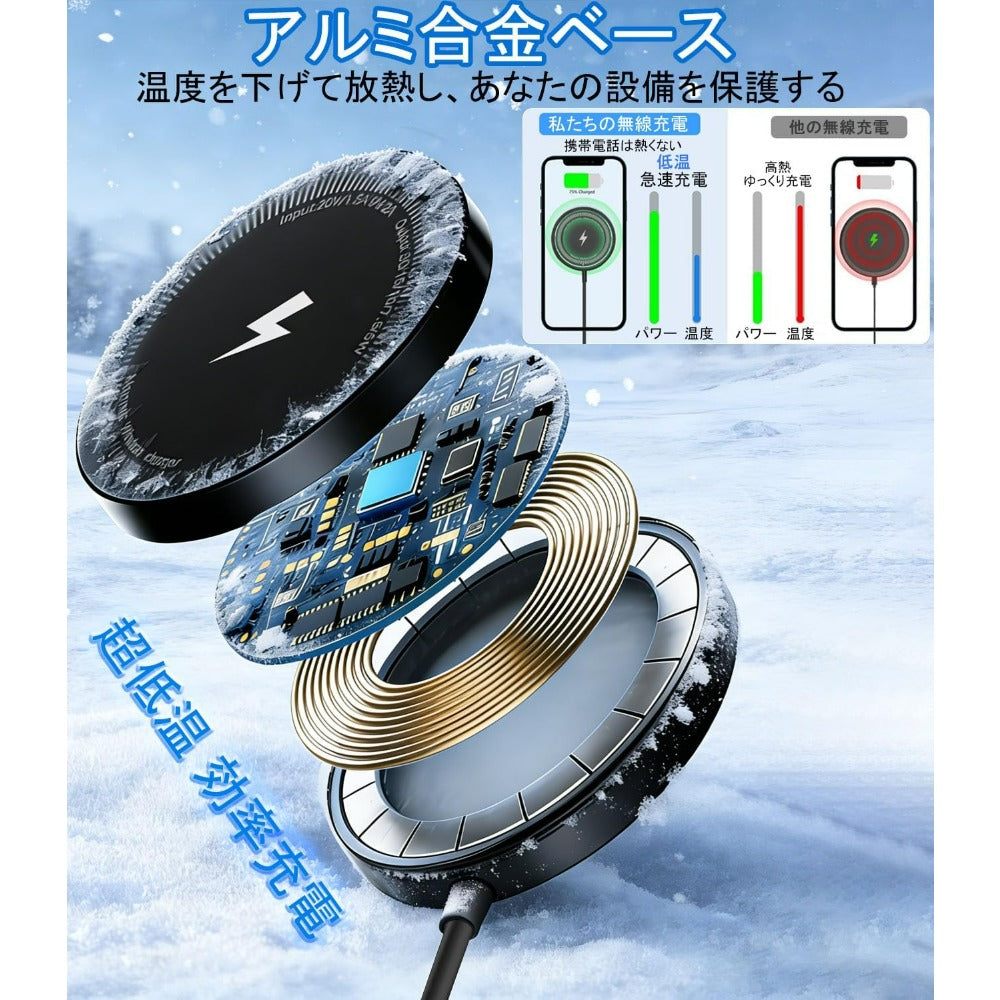 ワイヤレス充電器 マグネット式 Phone17/16/15/14/13/12シリーズに対応 マグセーフ 急速 超薄型 無線充電器 超軽量 15W急速 強力吸着 置くだけ充電 デュアルUSB-A/C入力ポート 1m付き ブラック