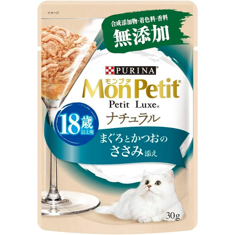 【訳あり】【賞味期限：2027.1】モンプチ キャットフード プチリュクスパウチ ナチュラル 18歳以上用 まぐろとかつおのささみ添え 30gx12