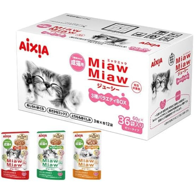 賞味期限2027.12  Miaw Miawジューシー 3種バラエティ (あじわいまぐろ、おさかなミックス、とりももほぐしみ) 60g×36袋入り