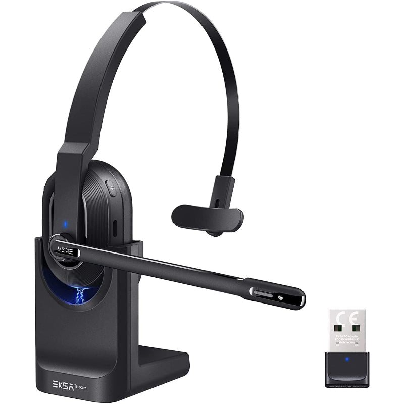 EKSA 業務用 ワイヤレスヘッドセット Bluetooth 片耳 USBドングル付属 通話ノイズリダクション 単一指向性 マイク搭載 オフィス用 超軽量 最大45時間使用 充電スタンド付き ハンズフリー 通話 web会議用 コールセンター パソコン用 スマートフォン/PC/タブレット対応