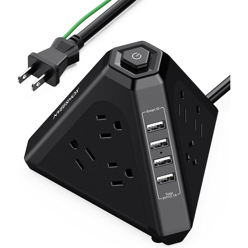 NVEESHOX 電源タップ USB コンセント 雷ガード 延長コード 2m タワー型 三角タップ 9個AC口 4個USBポート 過負荷保護 安全保護機能 PSE認証品 難燃ABS樹脂 ブラック 自宅用 会社用 1年間品質保証