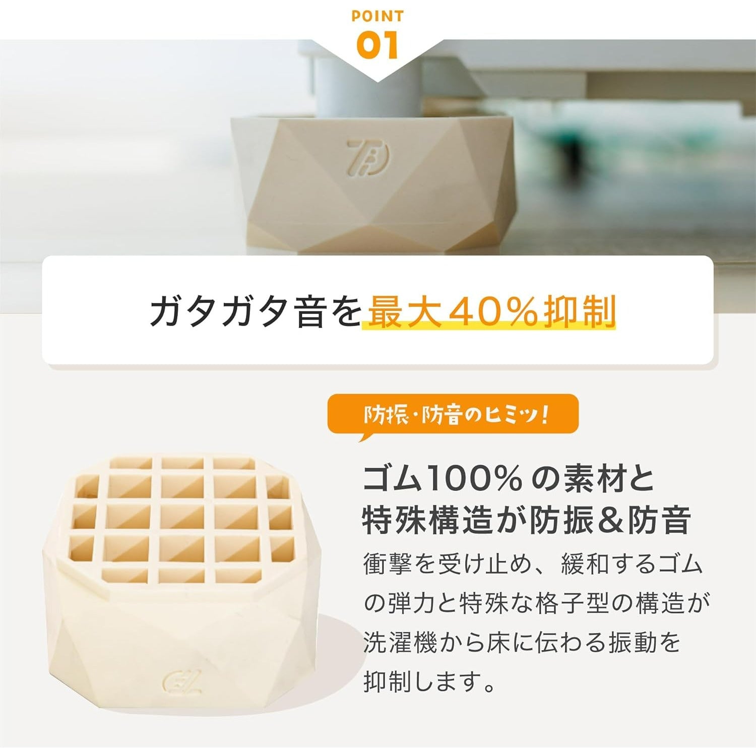 タツフト 洗濯機用かさ上げ台 防振防音 高さ調整ゴムマット あしあげ隊 4個入り TFi-9045 (ホワイト×1組)