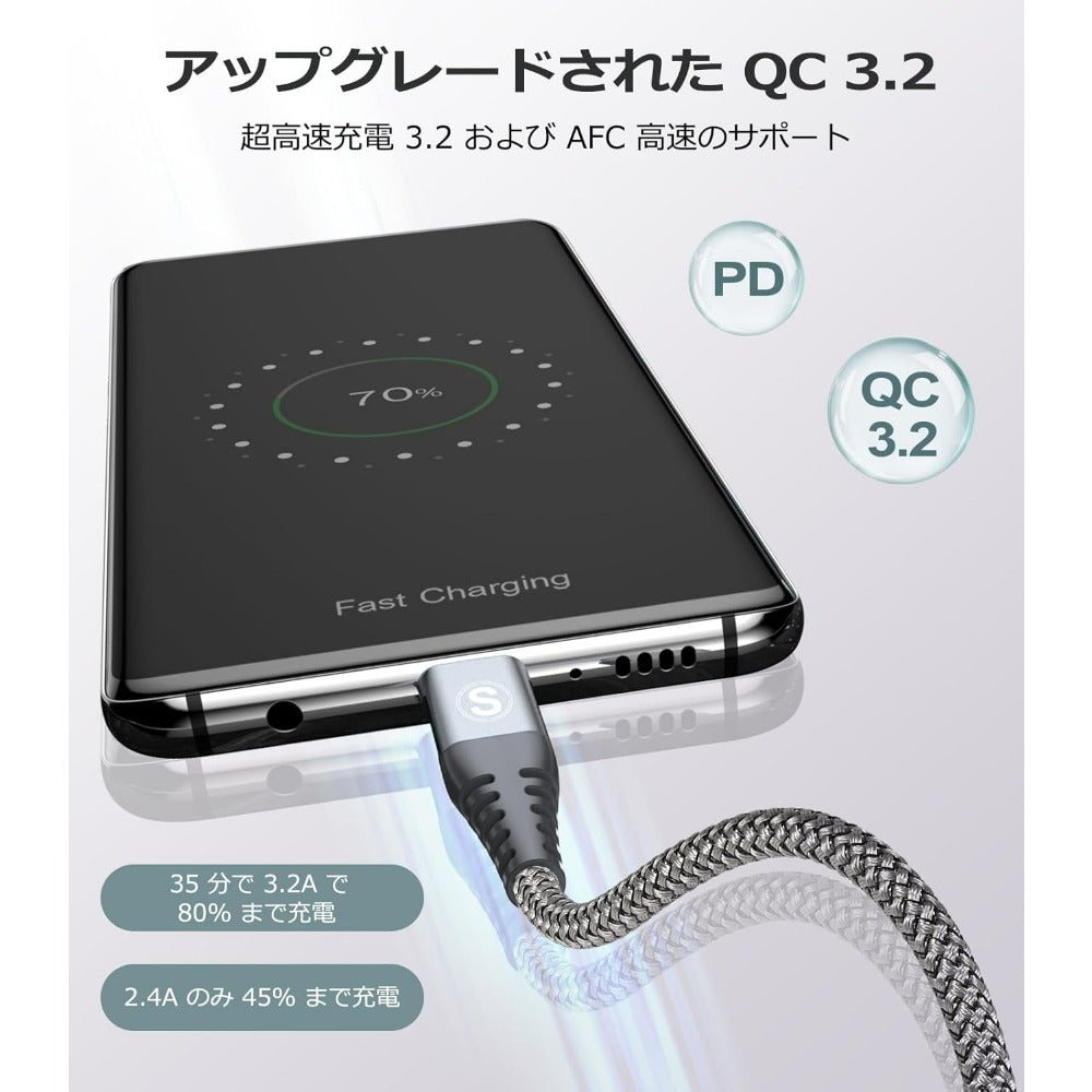 たいぷしー充電器 急速 ケーブル2M 2本セット,Avibrex充電器 Type-C to USB-A 3.2A USB C iPhone 17 充電ケーブル iPhone17 /iPhone 16 15 /アイフォン/ タイプc機種対応(灰)