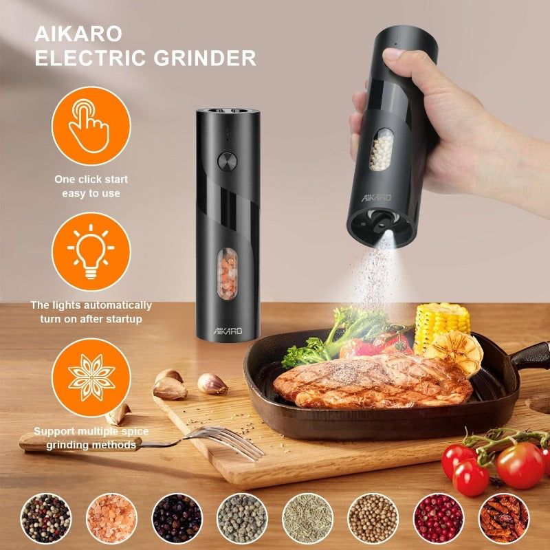 AIKARO - 電動ソルト＆ペッパーミル 自動スパイスグラインダー、充電式（セット）