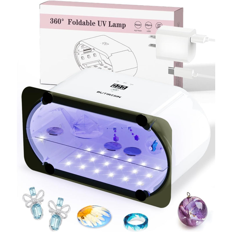 UVライト レジン用 48W 両面照射 360度光源 48個LED搭載 4段階時間調節 (60秒・180秒・300秒・600秒) UV遮光板付き 折りたたみ式 コンセント直差し式 2-IN-1 レジン硬化用 多用途DIY対応