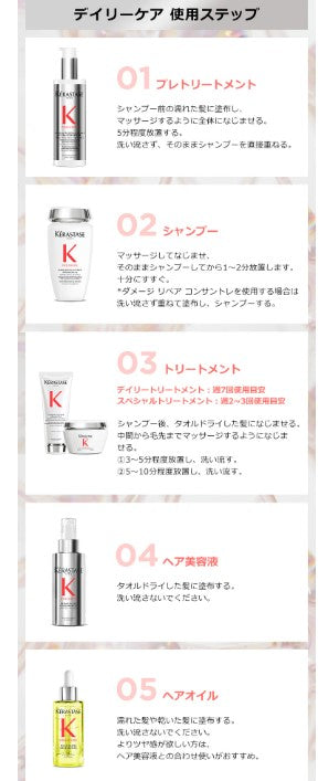 ケラスターゼ プレトリートメント ダメージ リペア コンサントレ 250mL + シャンプー バン デカルシファイ 250mL + トリートメント フォンダン フルイド リペア 200mL + ユイル クロノロジスト R ミニサイズ 50mL + 試供品2種（マスク RACリペア 15mL×3・セラム リペア フォンダメンタル 6mL×3） セット