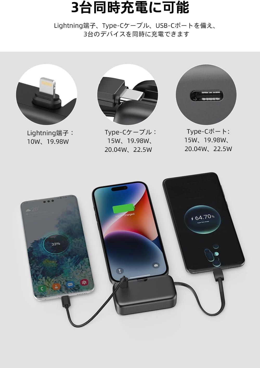 フィリップス Philips モバイルバッテリー 4900mAh 小型 折畳み式 Lightningコネクター USB Type-C ケーブル内蔵 3台同時充電 パススルー機能 LEDディスプレイ PSE認証 軽量 コンパクト iPhone Android DLP2113B ブラック　4895229154711　B0DJ33K5P8